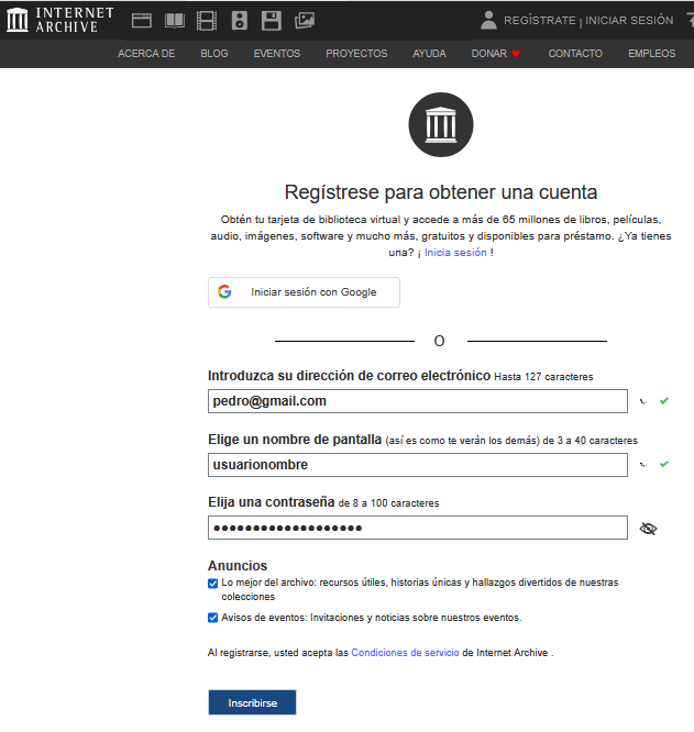 the internet archive, registro, registrar sign-up, make account, hacer cuenta