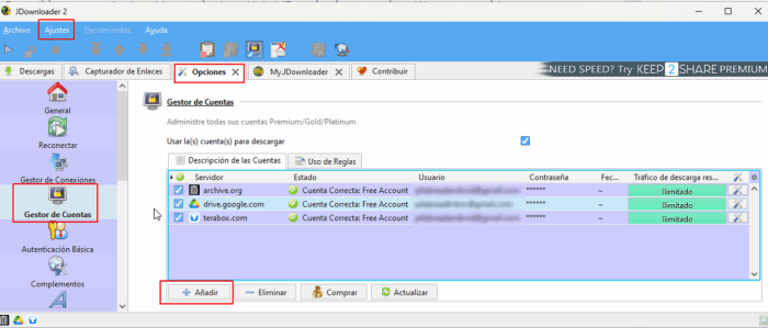 jdownloader 2, add account, anadir cuenta, google drive